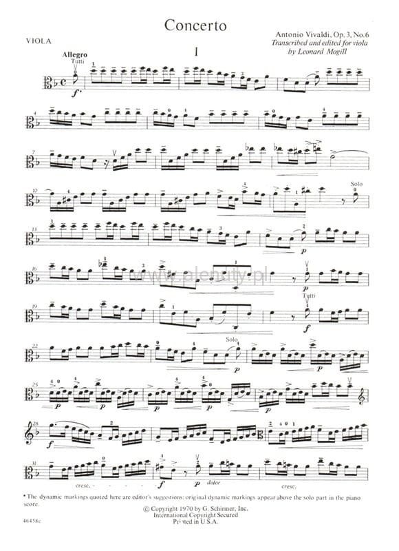 Antonio Vivaldi Concerto In D Minor for Viola koncert dmoll op. 3 nr 6 (RV 356) nuty na