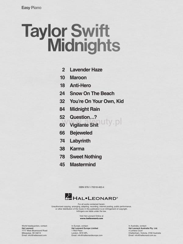 Taylor Swift: Midnights (Easy Piano) - łatwe nuty na pianino, słowa