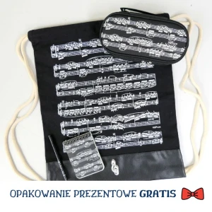 Zestaw dla miłośnika muzyki: plecak w nuty z piórnikiem, notesem, gumką i ołówkiem