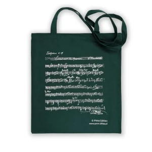 Ciemnozielona torba płócienna na ramię z motywem nut Wieniawskiego z długimi uchwytami 38x42 cm