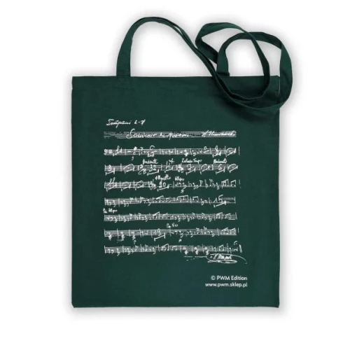Ciemnozielona torba płócienna na ramię z motywem nut Wieniawskiego z długimi uchwytami 38x42 cm