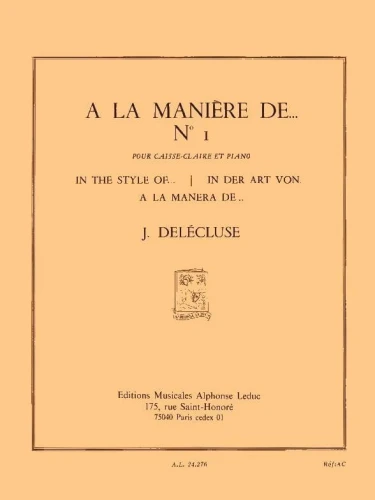 Jacques Delécluse: A La Maniere De - No 1 pour Caisse-claire et Piano - nuty na werbel i fortepian