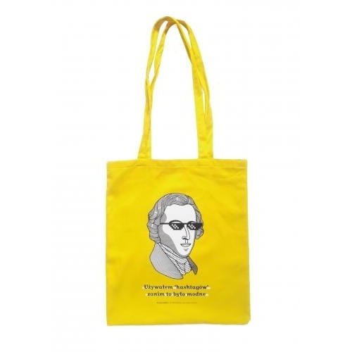 Żółta torba na ramię Chopin z napisem Używałem hashtagów zanim to było modne z długimi uszami 33x42cm