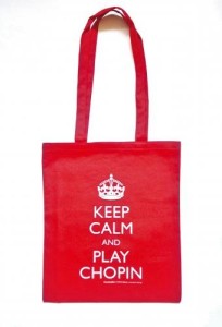 Czerwona płócienna torba na ramię z napisem Keep calm and play Chopin z długimi uszami 33x42cm