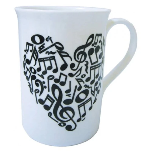 Mug Heart of Notes - biały ceramiczny kubek muzyczny z sercem wypełnionym czarnymi nutami i oznaczeniami muzycznymi pojemność 0.25l