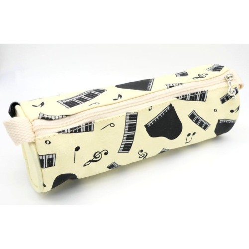 Piórnik materiałowy okrągły kremowy srebrna klawiatura i fortepian 22x7.5cm