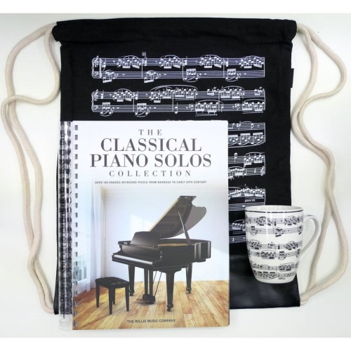 Prezent dla pianisty Klasyk z nutami, kubkiem i plecakiem w nuty