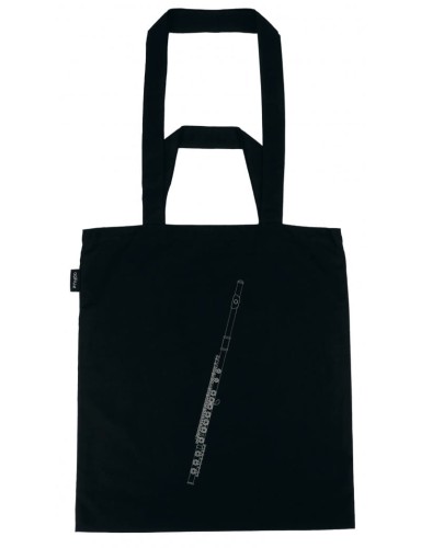 Torba na ramię na zakupy czarna, srebrny flet poprzeczny, dwa uchwyty długi i krótki