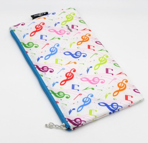 Materiałowy piórnik prostokątny biały w kolorowe nuty klucz wiolinowy 24x12.5cm zapinany na zamek