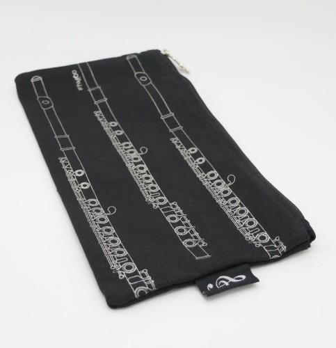 Piórnik materiałowy prostokątny czarny srebrny flet poprzeczny 24x12.5cm zapinany na zamek