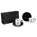 Muzyczny zestaw do kawy espresso biały z czarnym kluczem wiolinowym - 2 porcelanowe filiżanki ze spodkiem w pudełku prezentowym