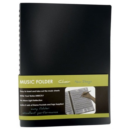 Chóralna czarna teczka na nuty A4 zawiera 40 koszulek na spirali