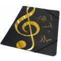 Teczka czarna A4 z tworzywa zamykana na gumki złoty klucz wiolinowy i napis All I Need Is Music