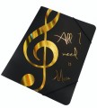 Teczka czarna A4 z tworzywa zamykana na gumki złoty klucz wiolinowy i napis All I Need Is Music