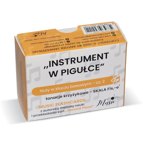 Instrument w pigułce: Nuty w kluczu basowym część 2 skala Fis1-e1 - tonacje krzyżykowe - muzykofiszki, karty do nauki czytania nut a vista