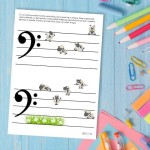 Łaminutki basowe - arkusze z ćwiczeniami muzycznymi dla dzieci w kluczu basowym - poziom początkujący dźwięki c do c1