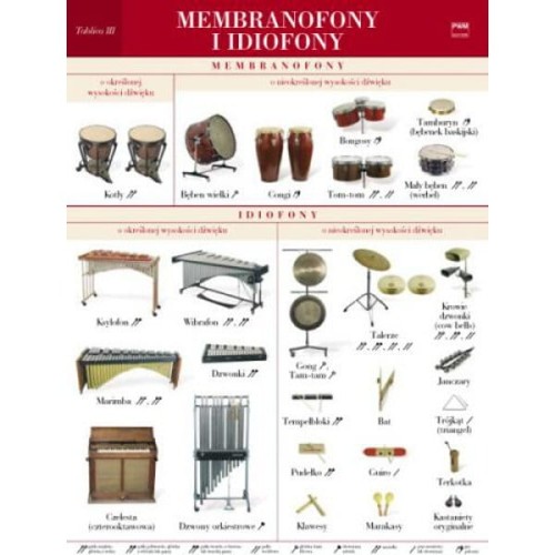 Tablice edukacyjne dla szkół muzycznych: Tablica 3 - Membranofony i idiofony