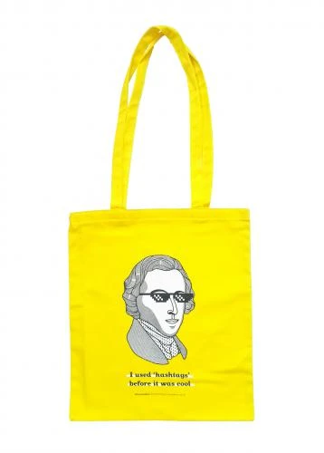 Żółta torba na ramię Chopin z napisem I used hashtags before it was cool z długimi uszami 33x42cm