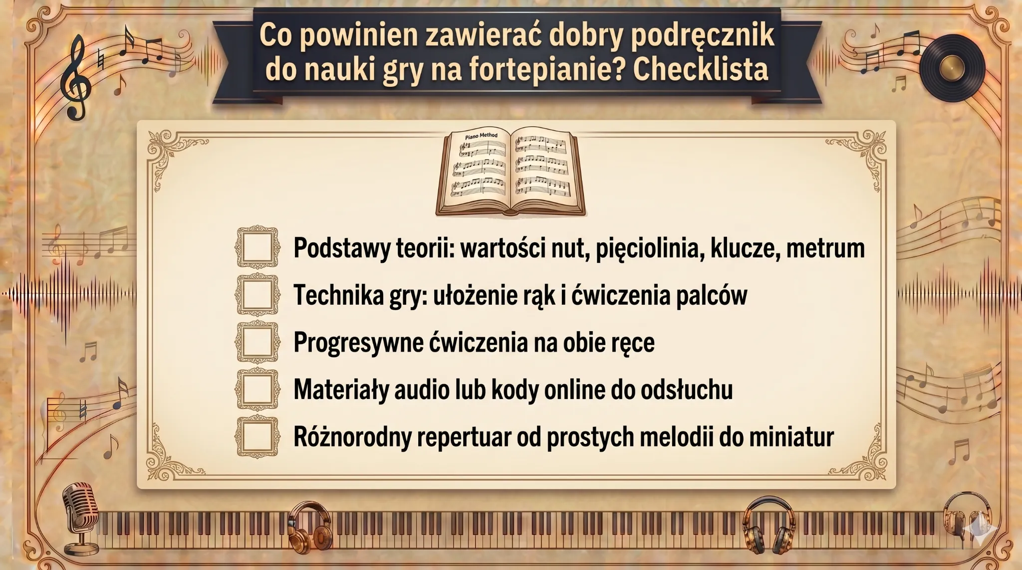 Co powinien zawierać dobry podręcznik do nauki gry na fortepianie? Checklista