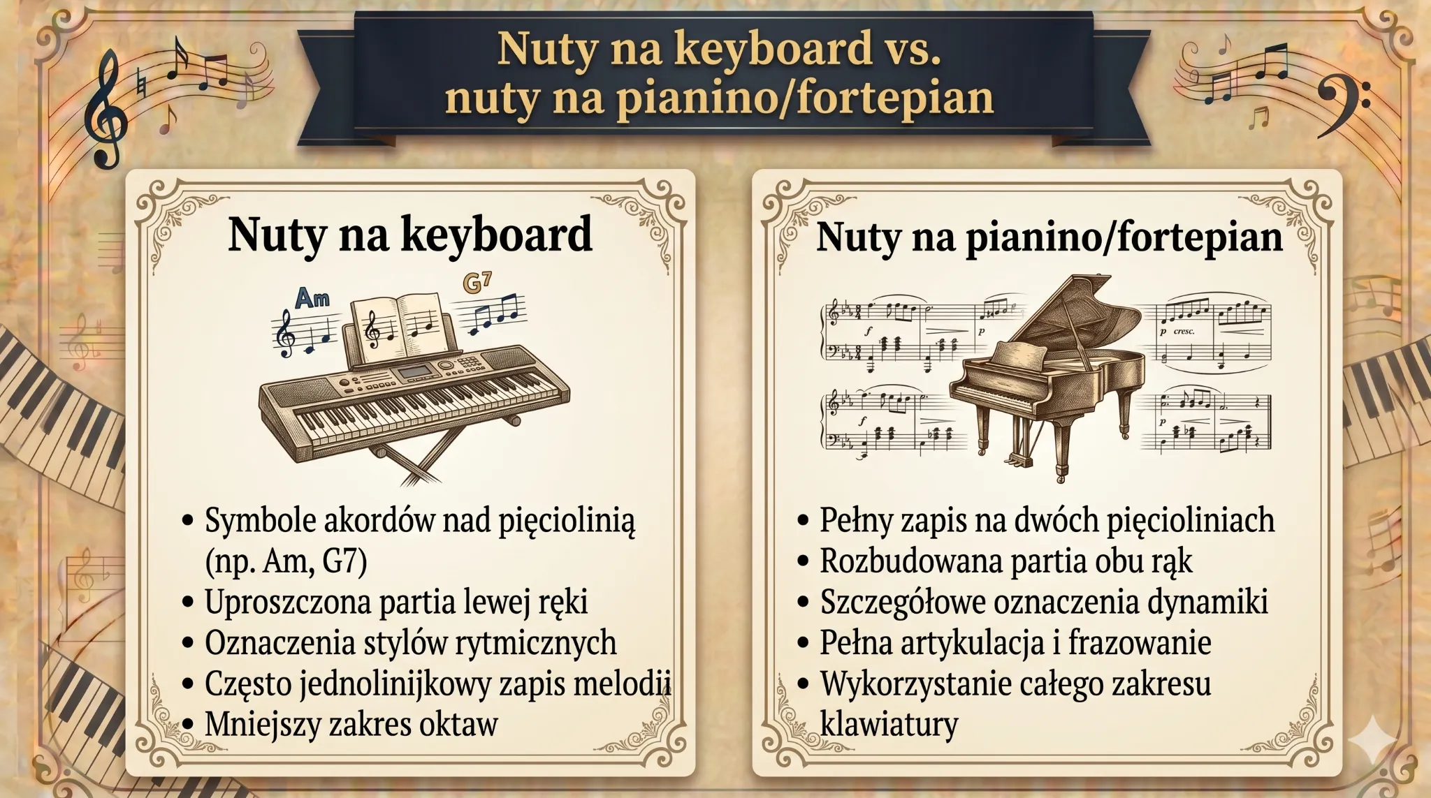Nuty na keyboard vs. nuty na pianino/fortepian