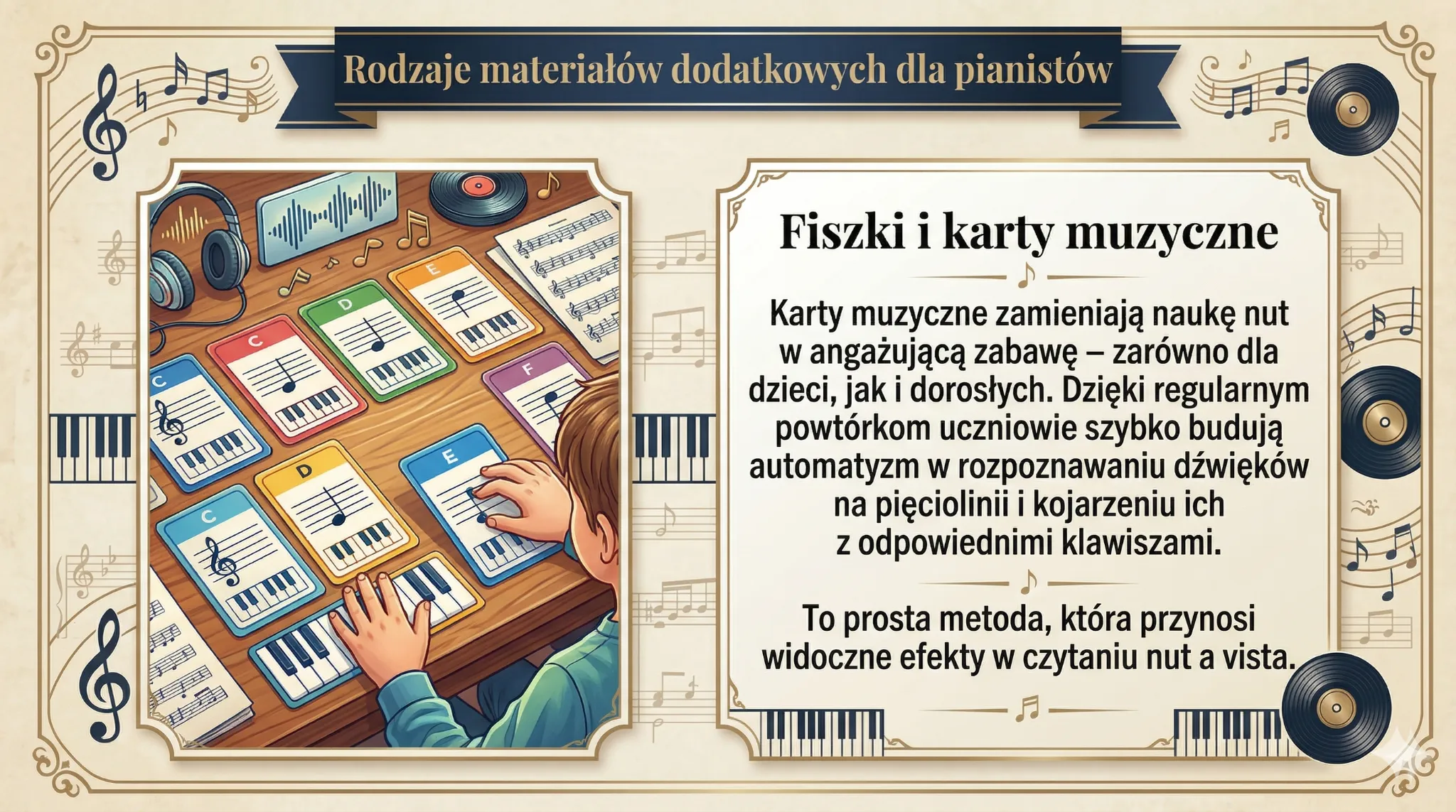 Rodzaje materiałów dodatkowych dla pianistów - fiszki i karty muzyczne