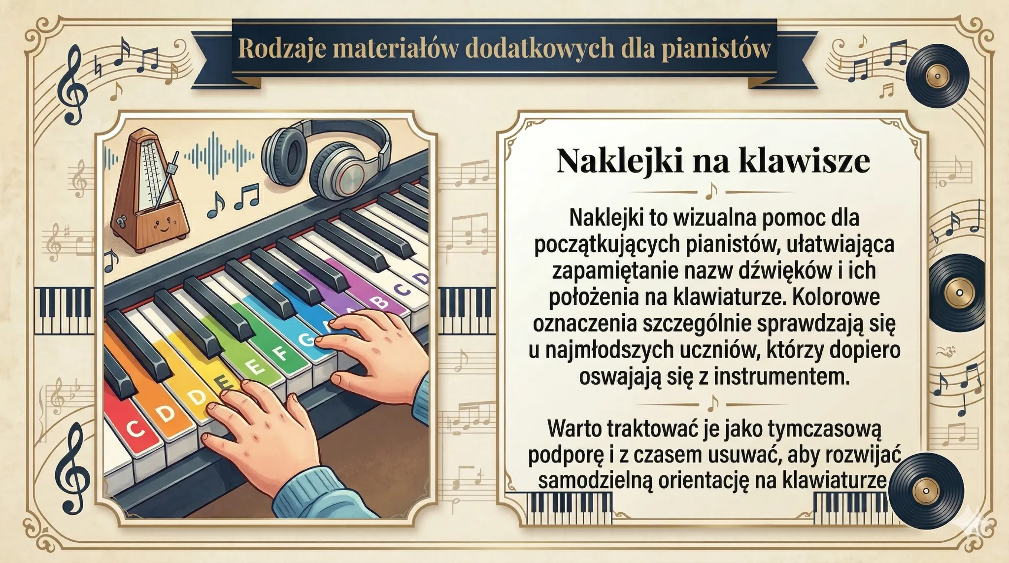 Rodzaje materiałów dodatkowych dla pianistów - naklejki na klawisze