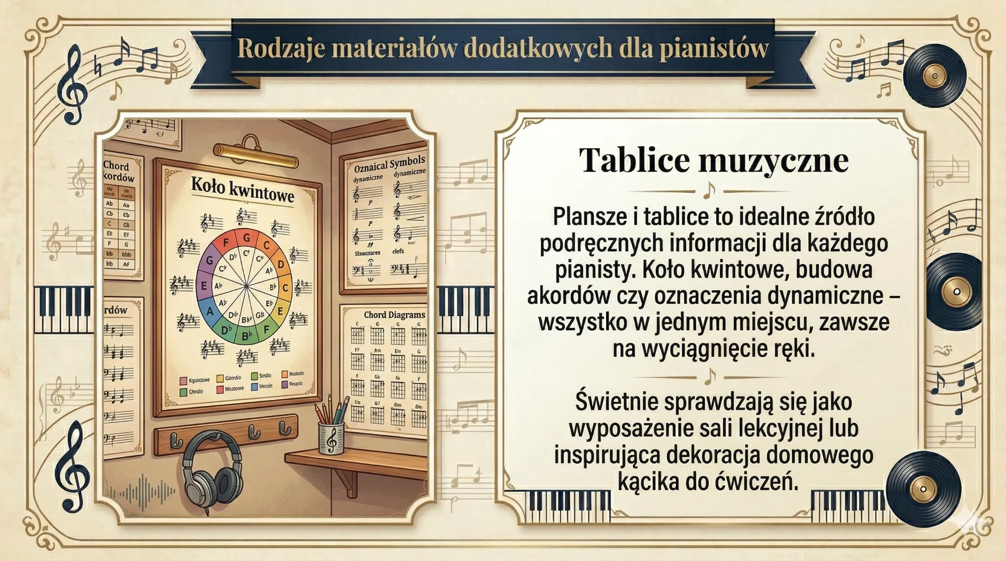 Rodzaje materiałów dodatkowych dla pianistów - tablice muzyczne