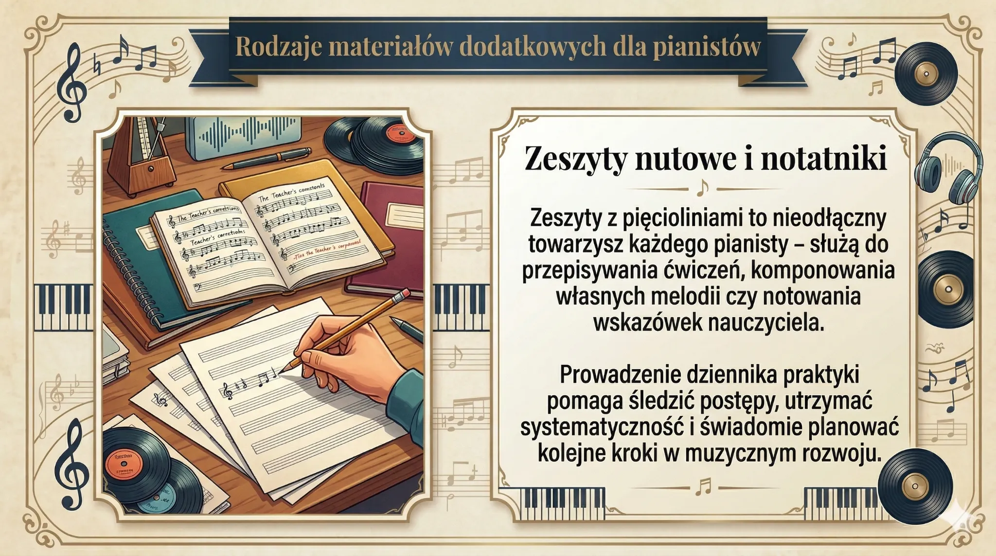 Rodzaje materiałów dodatkowych dla pianistów - zeszyty nutowe i notatniki