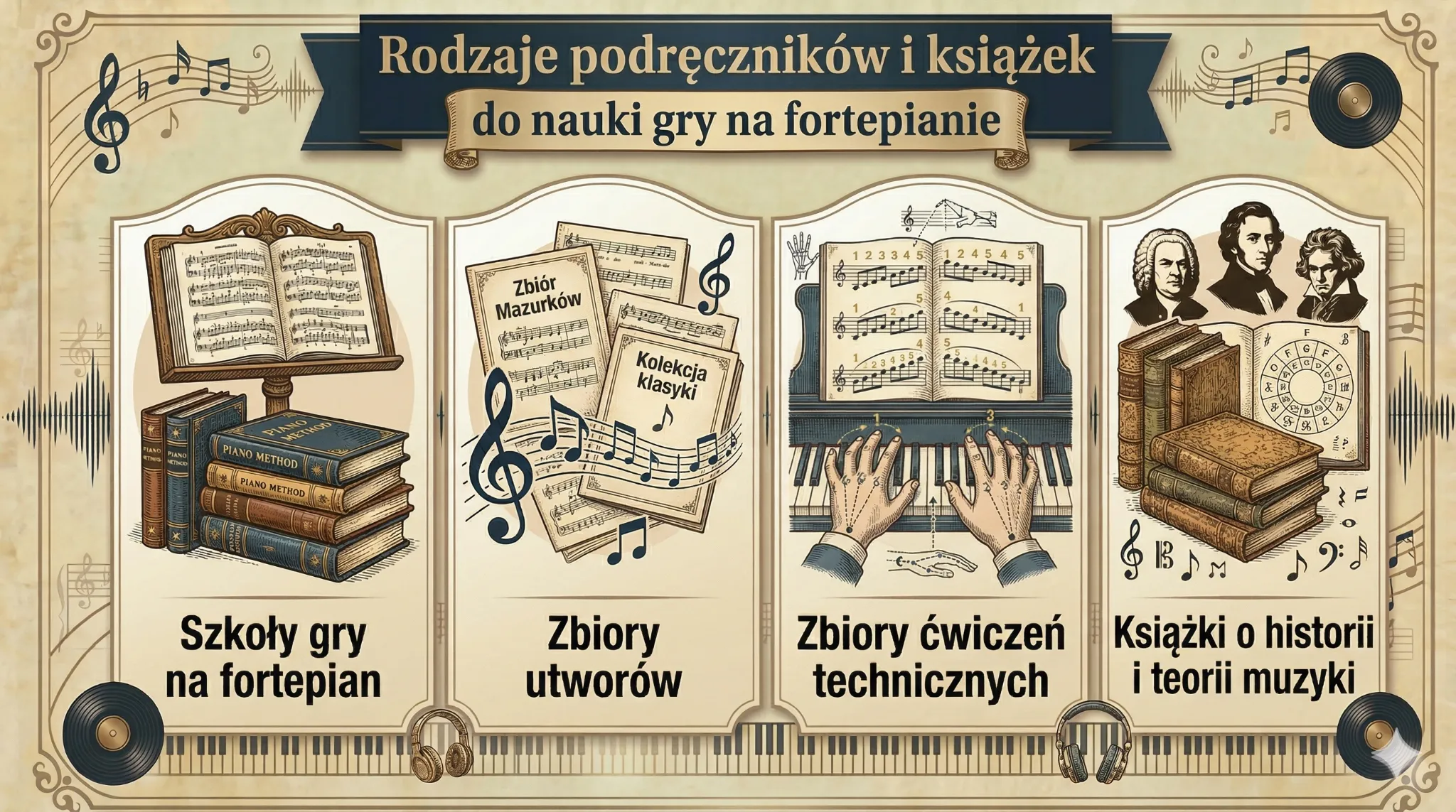 Rodzaje podręczników i książek do nauki gry na fortepianie