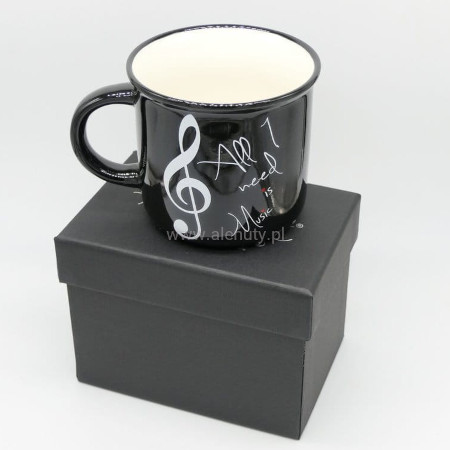 Czarny kubek porcelanowy z białym kluczem wiolinowym i napisem All I need is Music w pudełku prezentowym 350 ml