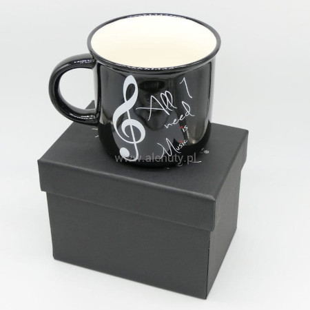 Czarny kubek porcelanowy z białym kluczem wiolinowym i napisem All I need is Music w pudełku prezentowym 350 ml