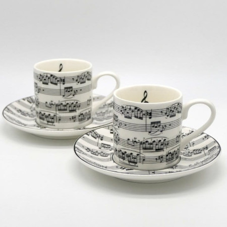 Muzyczny zestaw do espresso biały w czarne nuty - 2 porcelanowe filiżanki ze spodkiem w pudełku prezentowym