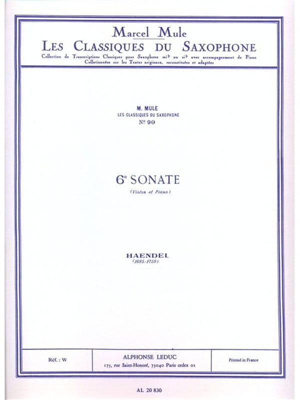 Georg Friedrich Handel: Sonate nr 6 pour violon et piano - Marcel Mule - VI Sonata skrzypcowa - nuty na saksofon altowy i fortepian