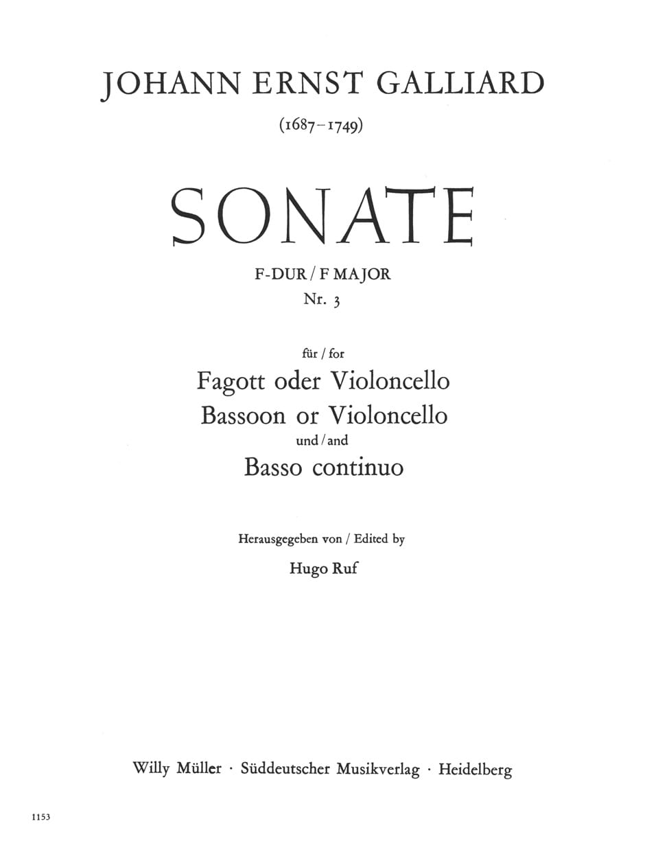 Johann Ernst Galliard: Sonate nr 3 F major - 3 sonata fagotowa F-dur - nuty na fagot lub wiolonczelę i fortepian