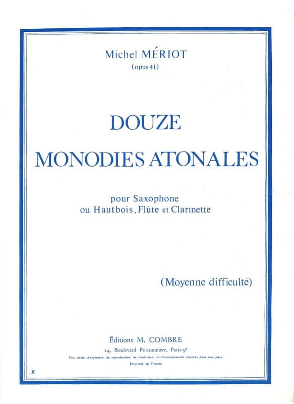 Michel Meriot: Douze Monodies Atonales pour Saxophone op. 41 - nuty na saksofon lub obój lub flet lub klarnet