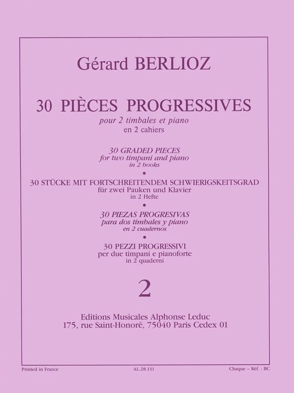 Gérard Berlioz: 30 Pieces Progressives pour 2 timbales et piano Volume 2 - nuty na kotły i fortepian